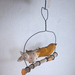 Unique Carved Wood Birds on Branch Swing Mobile 11" FolkArt Hanging Decor rustic
